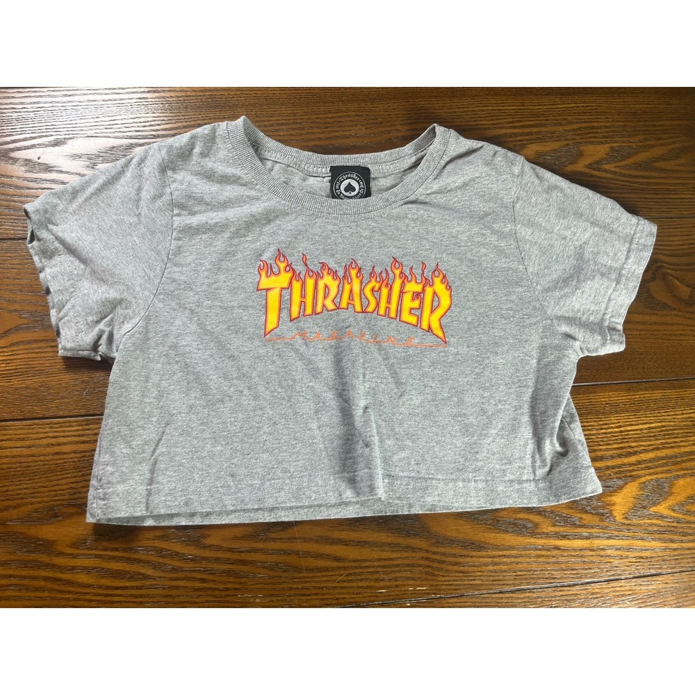 Thrasher Shirt Adult XS Crop Top Gray Logo Skater Cut Off Cropped Grunge